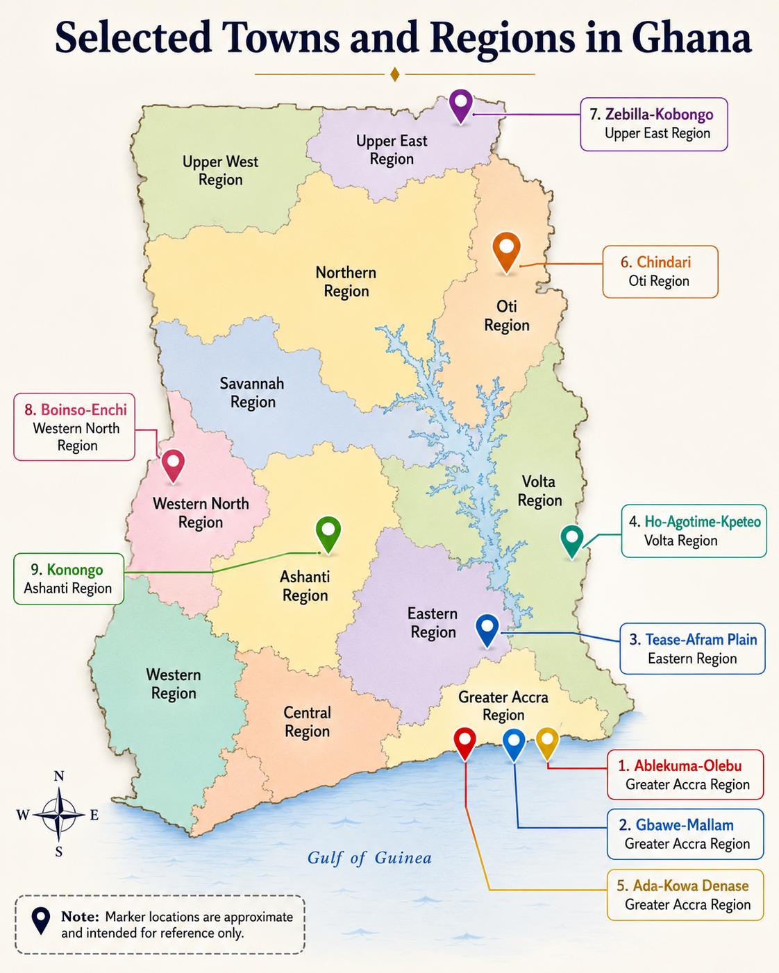 Selected towns and regions in Ghana showing Trugreen Petroleum station locations